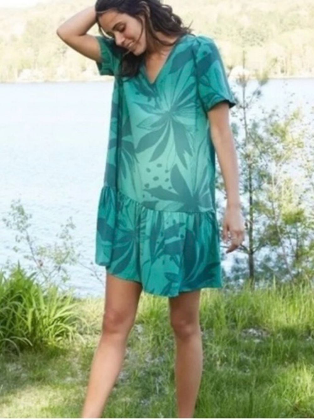 A New Day Shift Green Dress w/Palm Print & Ruffle XL
